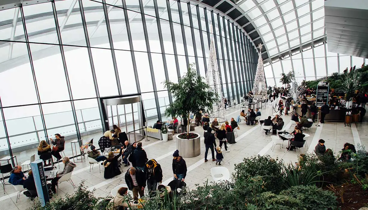crowd of people in glass building