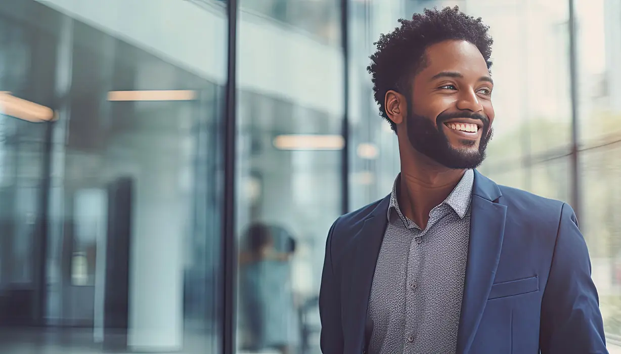 smiling man in a suit in an office