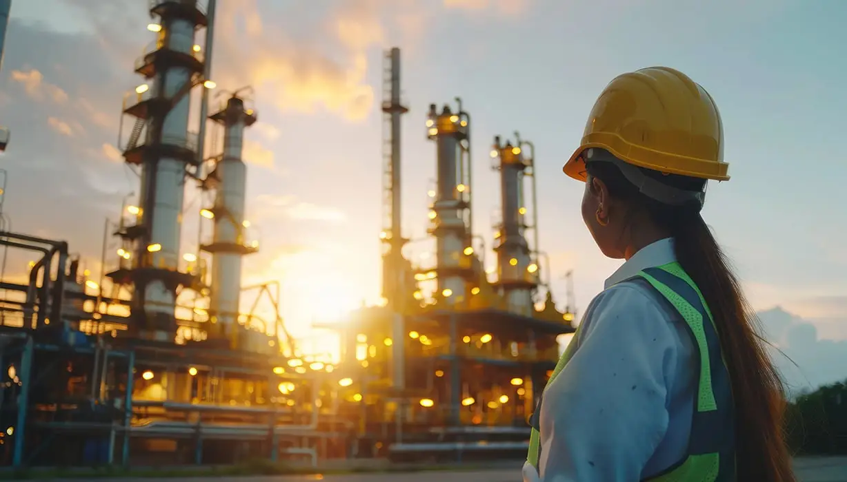 woman in yellow hardhat watching over oil and gas fields