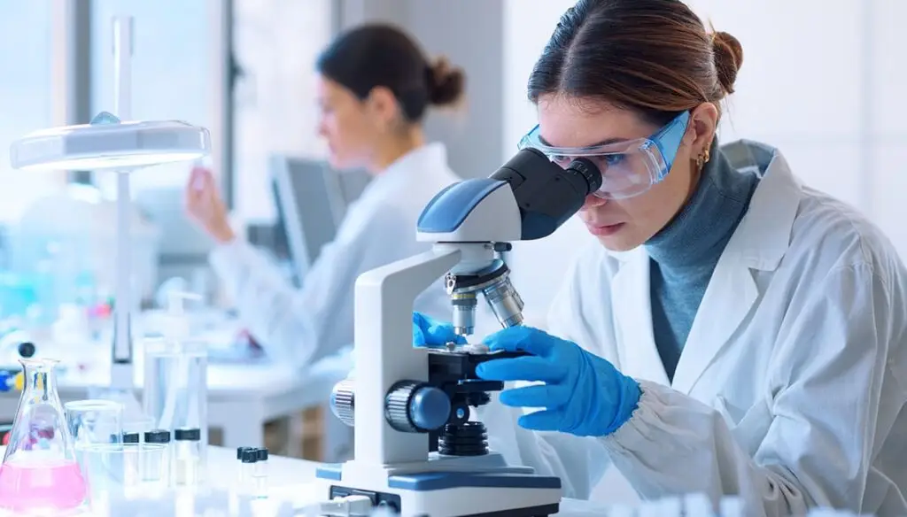 woman in white lab coat looking through a microscope