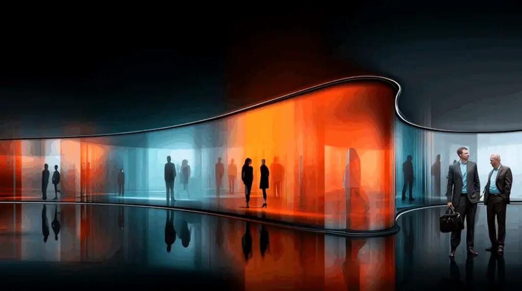 People walk and stand inside a modern, curved glass corridor with blue and orange illuminated sections, creating a futuristic and reflective environment.